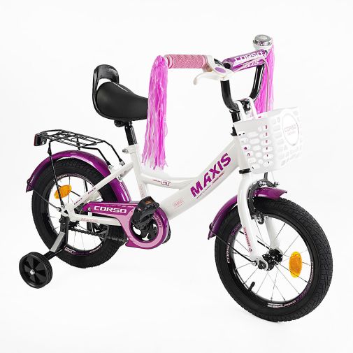 Дитячий двоколісний велосипед для дівчинки 14 дюймів Corso MAXIS з кошиком та багажником
