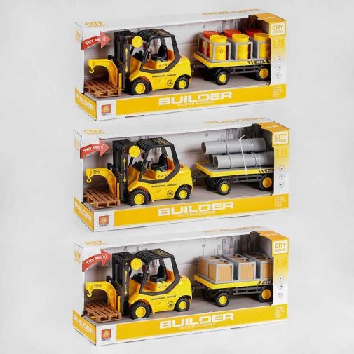 Игрушечный “Вилочный погрузчик” (cпецтехника) WY 690 A-1/2/3 (18), 3 вида, подсветка, звуки,  на батарейках, подвижные детали, поддон, платформа