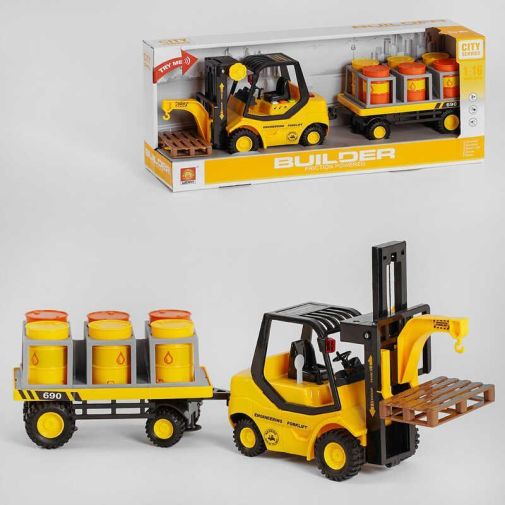 Игрушечный "Погрузчик" (Спецтехника) WY 690 A-1 (18)  подсветка, звуки, на батарейках, подвижные детали, съемный прицеп, поддон, аксессуары, в коробке