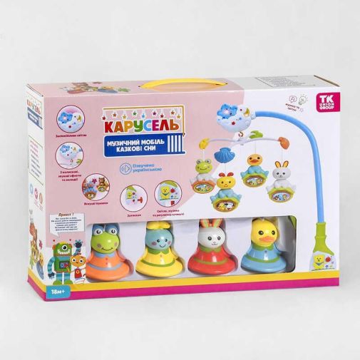 Карусель 29238 (18/2) "TK Group" украинская озвучка, 4 подвески погремушки, на кроватку, вращение, на батарейках, подсветка, 3 мелодии, в коробке