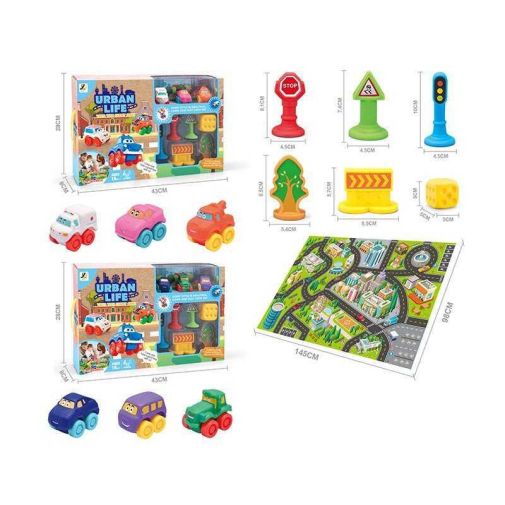 Набор машин JZD - 117 (12) 2 вида, спецтехника,  игровой коврик 145х98 см, 3 машинки, декорации,  в коробке