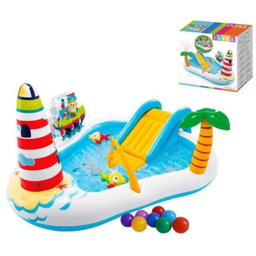Intex Игровой центр 57162 NP "Весёлая рыбалка" (2) от 3 лет, распылитель, горка, шарики, размер 218 x 188 x 99 см, с надувной удочкой, 2 рыбы