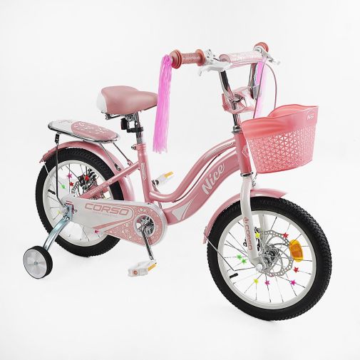 Детский двухколесный велосипед для девочки 16 дюймов Corso Nice с корзиной и багажником