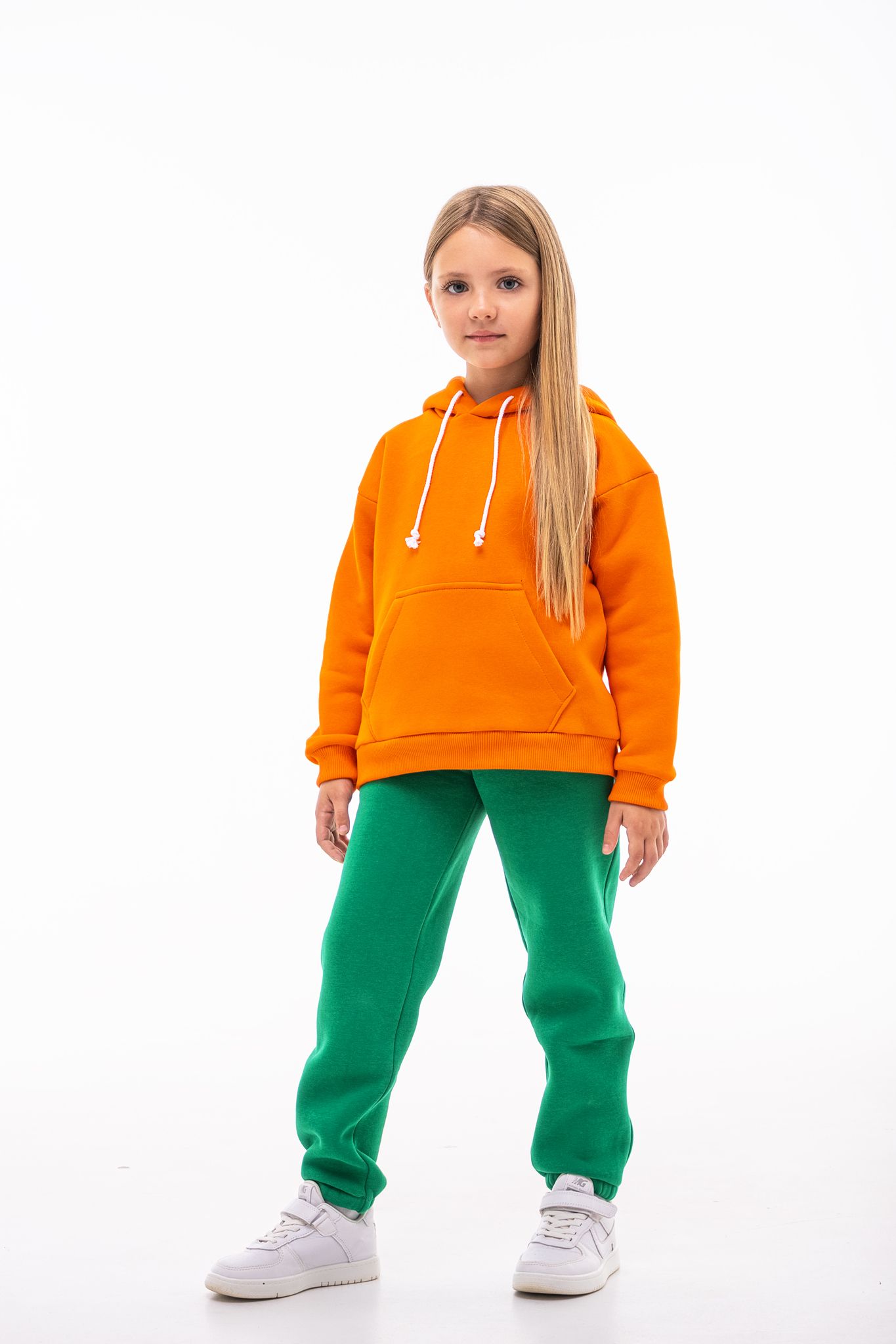 Детский спортивный утепленный костюм Kindamor Warm Autumn Orange для девочки, флис оранжевый с зеленым