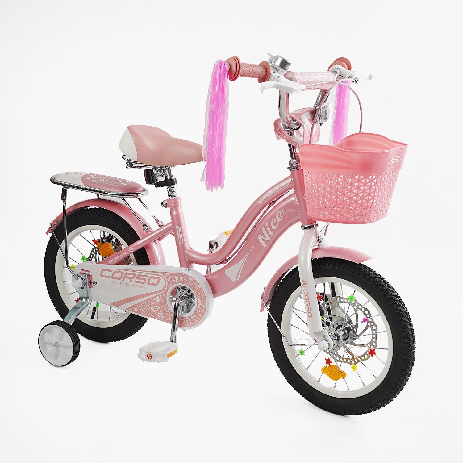 Детский двухколесный велосипед для девочки 14 дюймов Corso Nice с корзиной и багажником