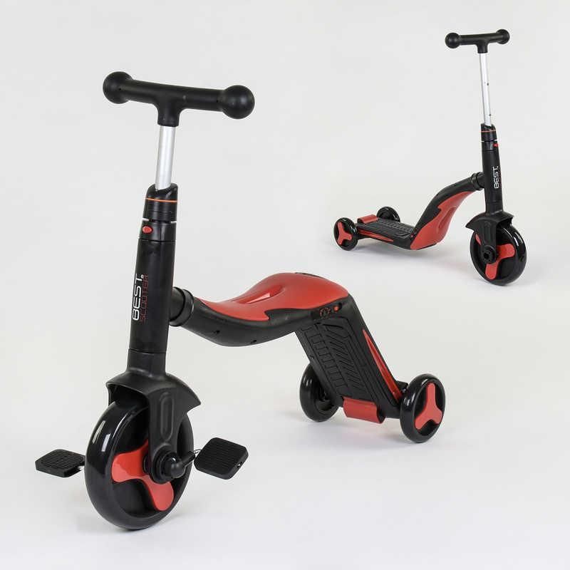 Самокат 3в1 JT 28288 (1) Best Scooter, самокат-велобег-велосипед, КРАСНЫЙ, свет, 8 мелодий, колёса PU, переднее колесо d=20см, задние d=11см