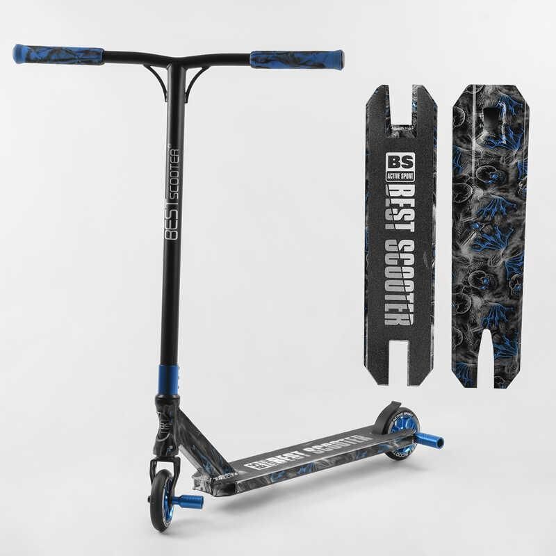 Самокат трюковый Best Scooter BS-77566 (4) HIC-система, ПЕГИ, алюминиевый диск и дека с ПРИНТОМ, колёса PU, d=110мм, ширина руля - 60 см, в коробке