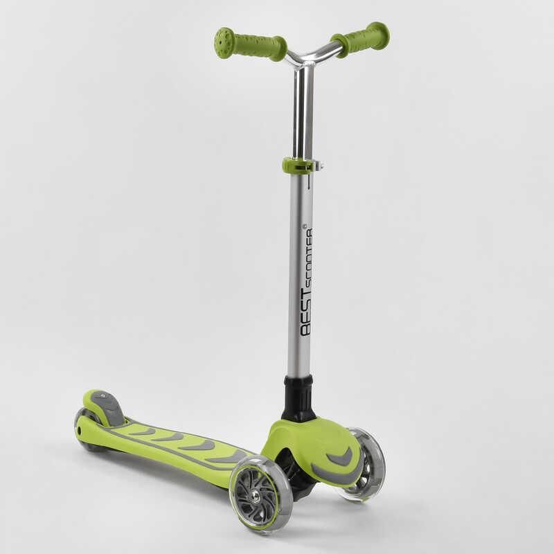 Самокат трехколесный Y-00436 (4) Best Scooter, САЛАТОВЫЙ, складной алюминиевый руль, 4 колеса PU со светом, d=12 см