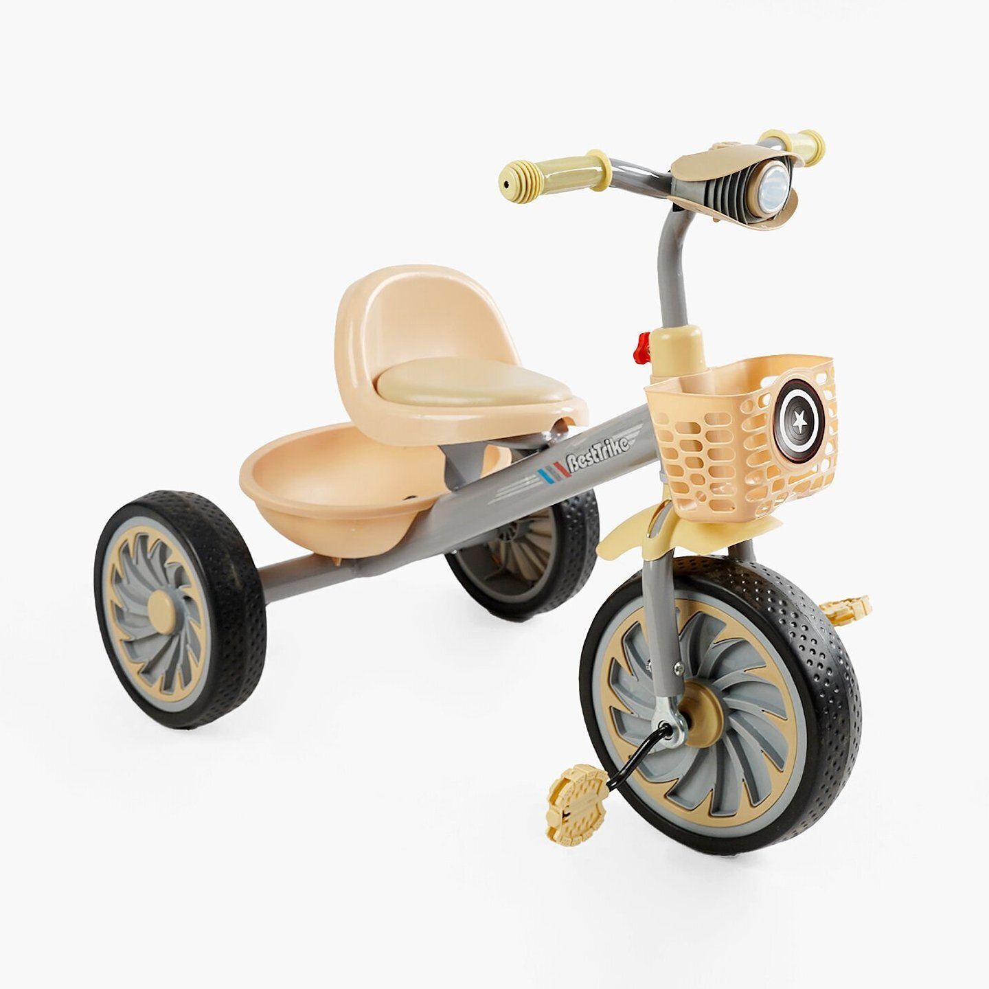 Детский трехколесный велосипед без ручки Best Trike BS с плетеной корзиной и фарой